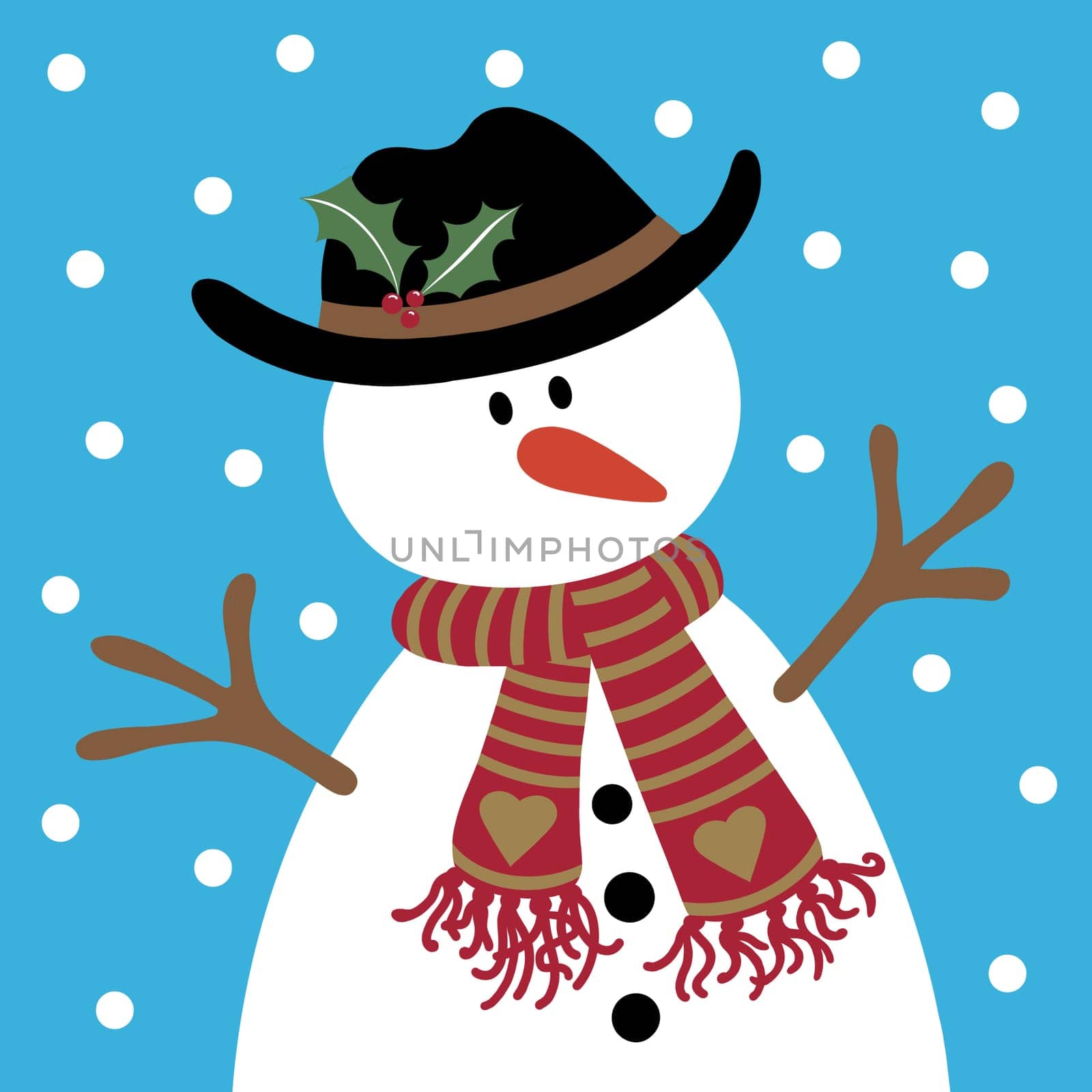 Cartoon snowman illustration on a cold winter day with snow falling.  The snow man is wearing a hat decorated with holly leaves and a striped scarf with hearts motifs and tassels. He has a the traditional carrot for his nose and twigs as arms. Fun in the snow at Christmas.