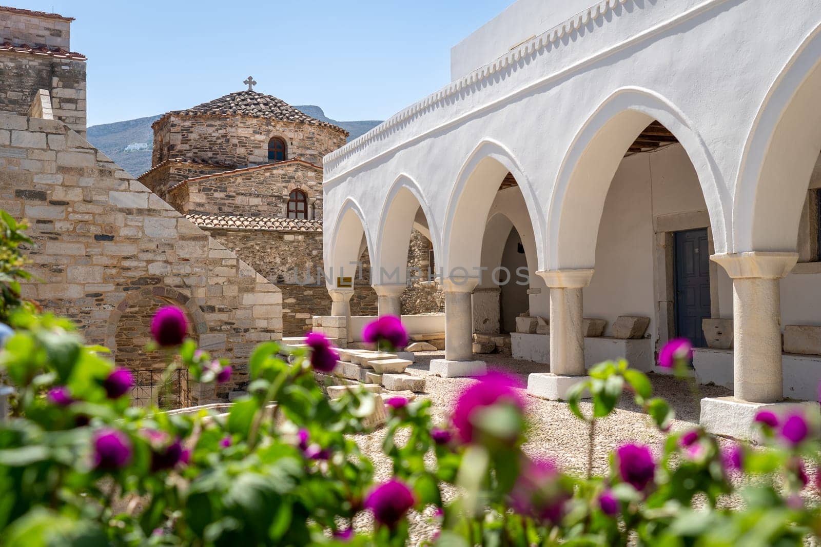 Flowers in courtyard of Panagia Ekatontapiliani in Paros