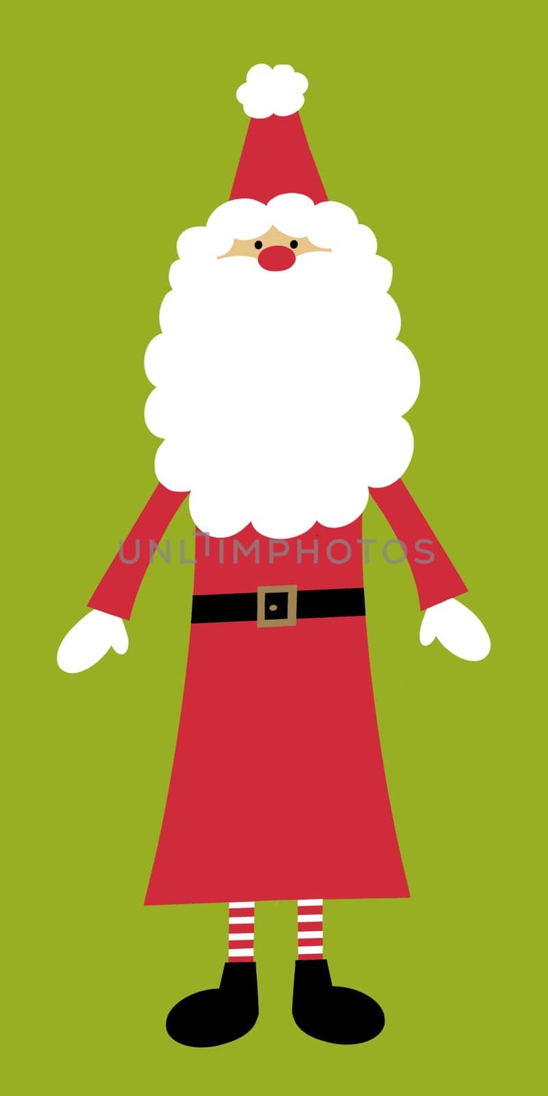 Illustration of a fun quirky Santa with a big bushy beard, on a lime green background. Quirky Father Christmas. Father Christmas with striped socks. Santa with stripy socks.  Cartoon style Christmas illustration.