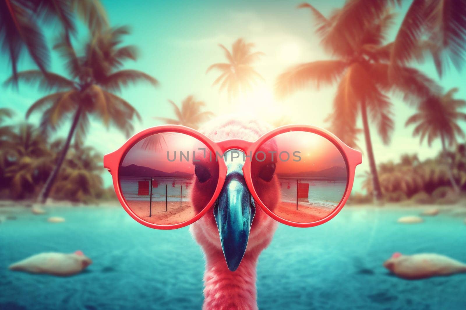 swim leisure feather animal illustration hipster flamingo holiday sunglasses paradise pink wild summer party bird goggles trendy tropical exotic cool. Generative AI.