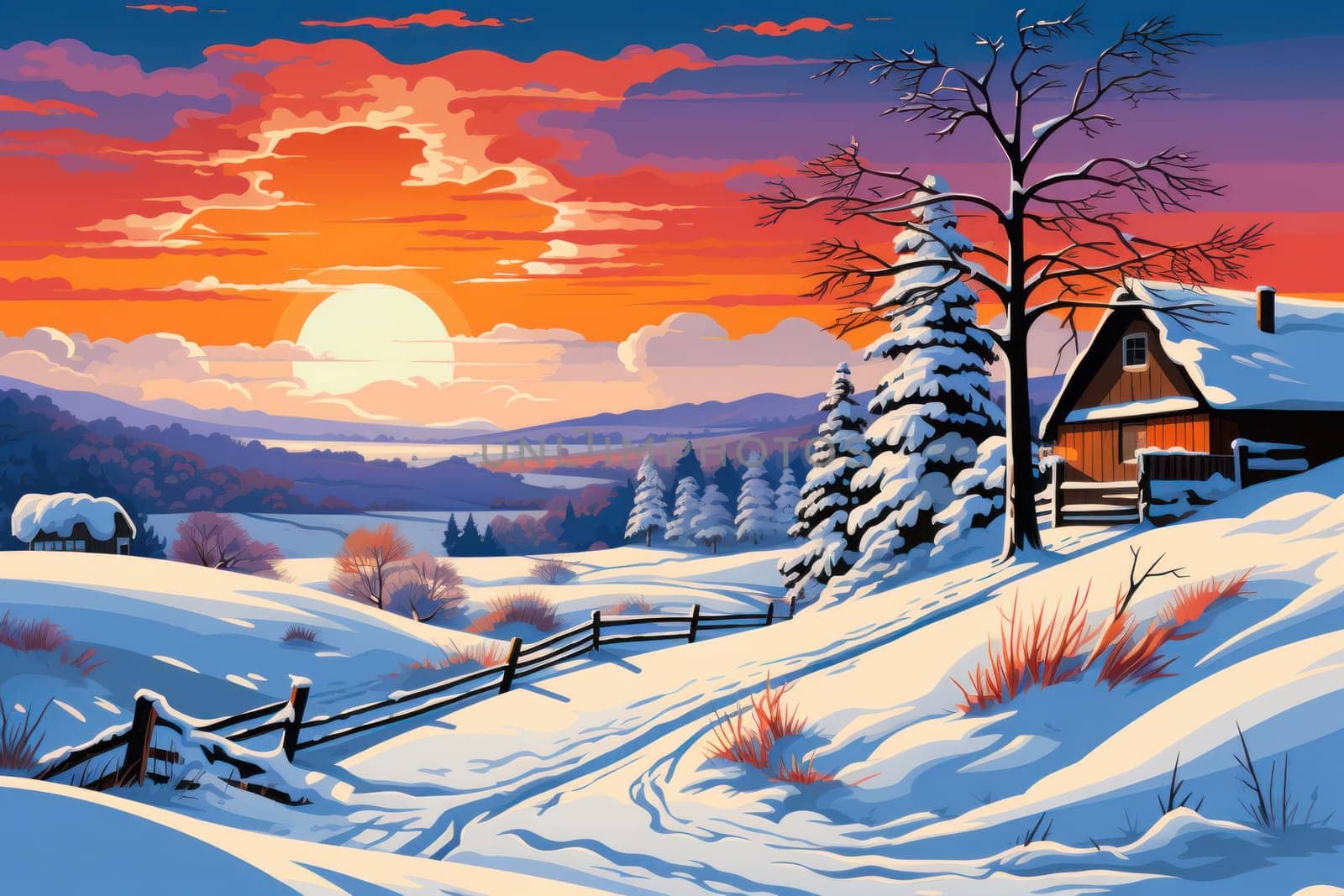 An exquisite winter composition, expertly capturing the tranquil allure of recently fallen snow draping over trees, landscapes, and architectural structures.