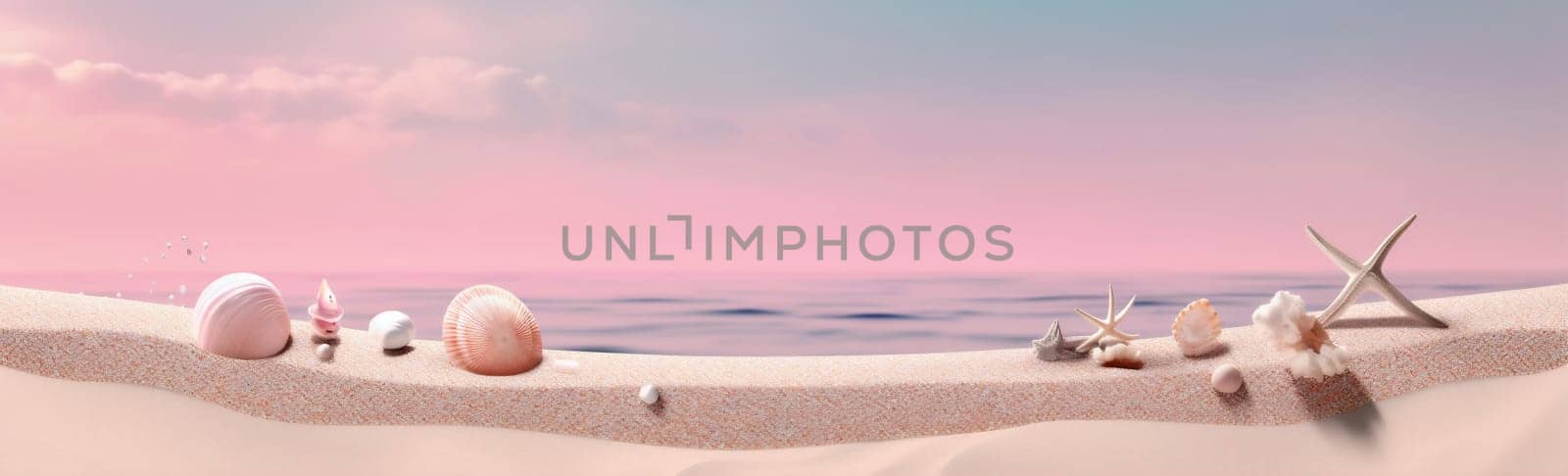 beach summer banner ocean sea holiday shell sand nature tropical. Generative AI. by Vichizh