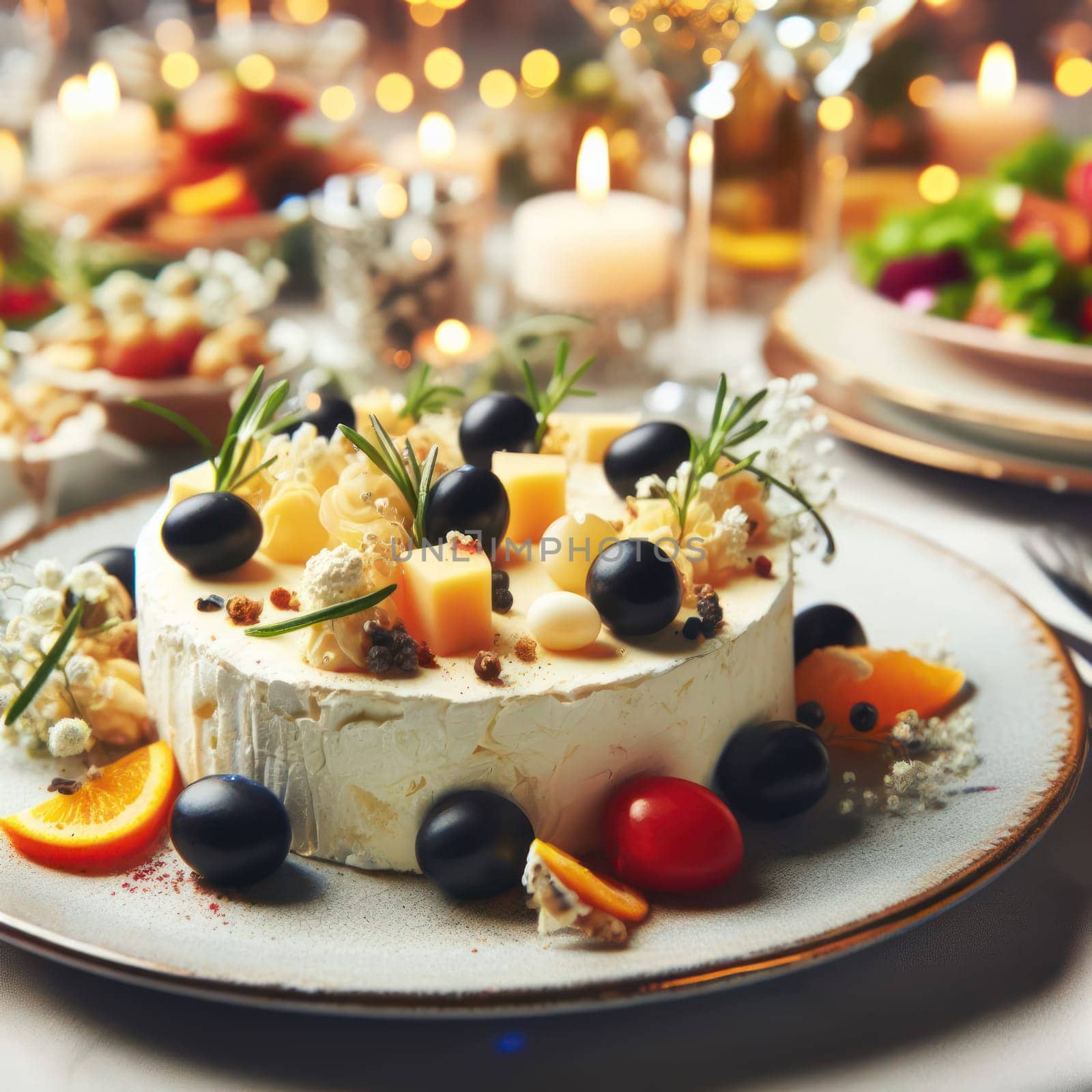 close up photo of plate with cheese dish on some festive event, party or wedding reception. macro lens