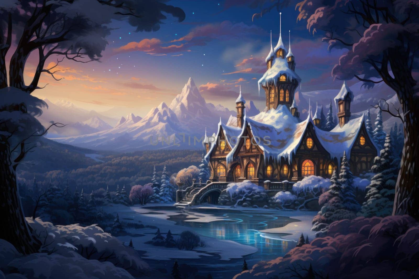 A captivating artistic portrayal of the enchanting winter season, where landscapes are magically transformed into a wonderland adorned with shimmering snow and sparkling icicles.