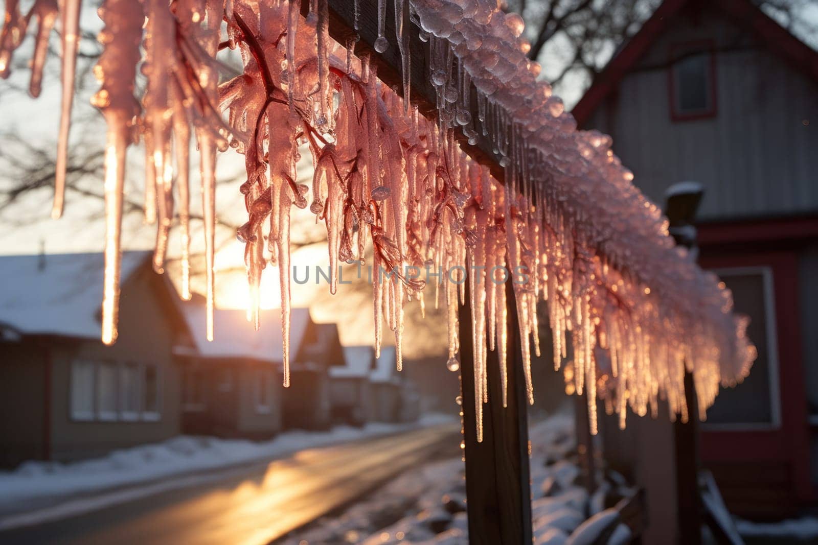A remarkable portrayal of winter's allure, focusing on the glistening, see-through charm of icicles suspended from rooftops and tree limbs, showcasing their sparkling and crystalline elegance.