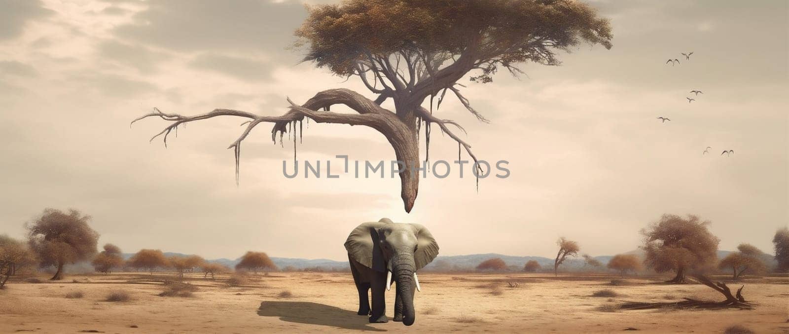 solitude stability surrealism dream tree concept nature surreal impossible elephant. Generative AI. by Vichizh