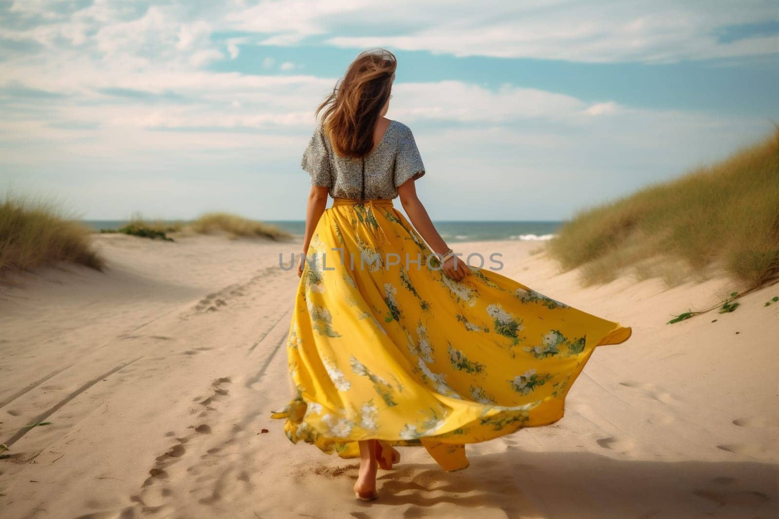 woman beach hippie vacation fashionable travel summer happy lifestyle sand beautiful style person dancing outfit fashion pretty sea beauty girl dress. Generative AI.