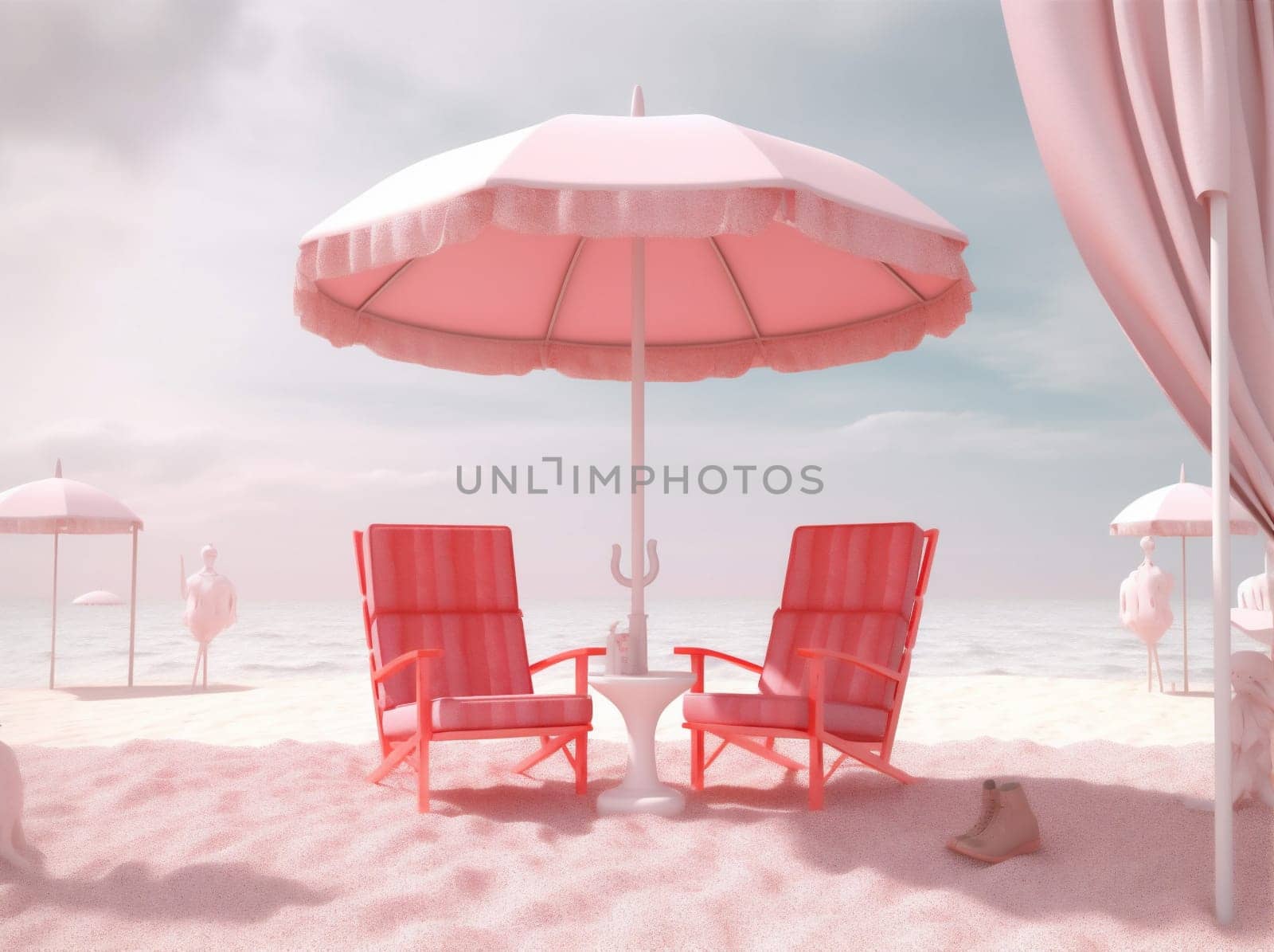 summer pink chair vacation sun holiday parasol sand umbrella retro. Generative AI. by Vichizh