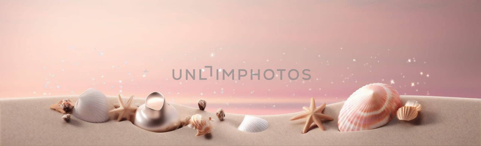 nature sand beach banner landscape background summer card shell ocean marin frame sea exotic ai seasonal holiday collection tropical conch. Generative AI.