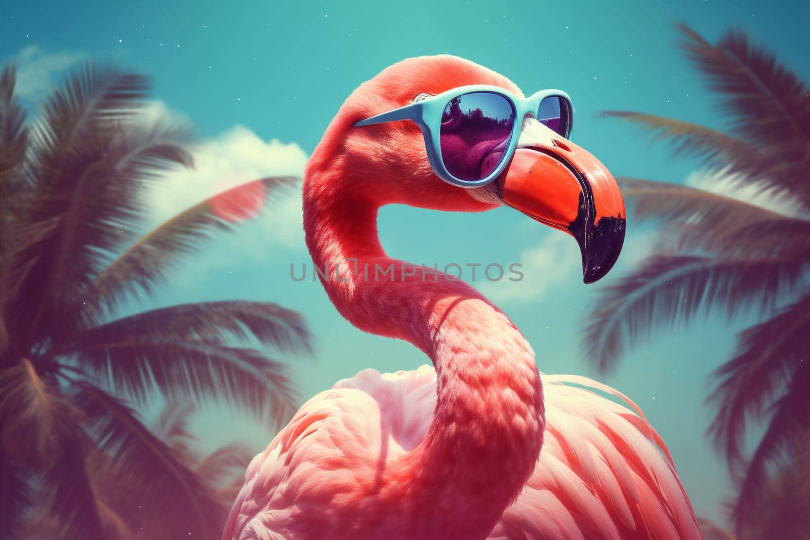 flamingo tropical resort pink party alcohol swim cartoon sun feather bird cute summer sunglasses animal toy lifestyle vacation exotic hipster. Generative AI.