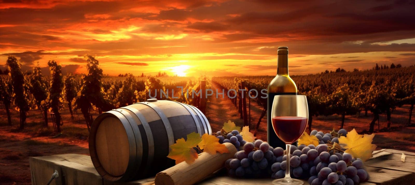 barrel winery wine grape alcohol bottle drink sunset beverage glass. Generative AI. by Vichizh