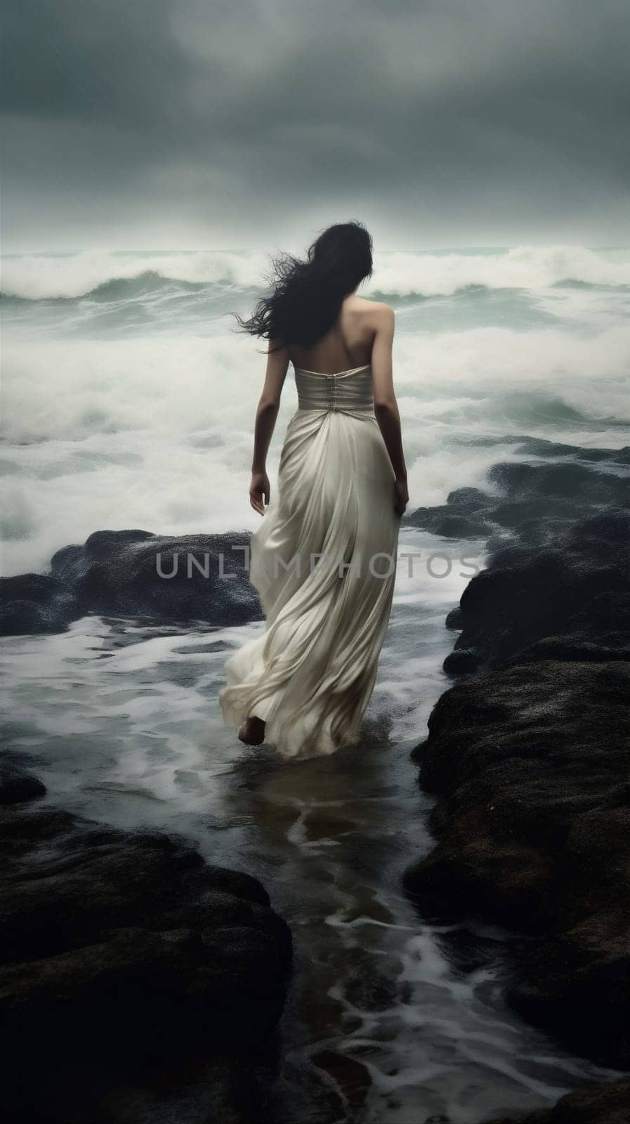 woman nature beach summer cloud sea dress girl ocean storm sky. Generative AI. by Vichizh