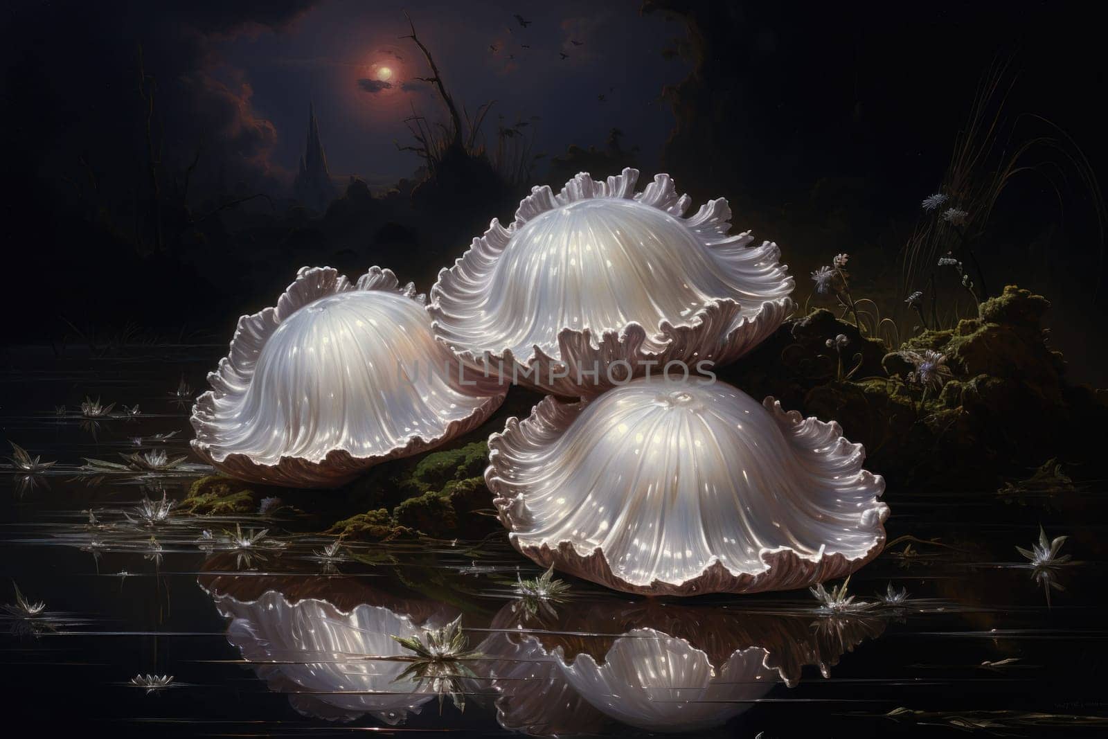 An enchanting depiction of radiant pearl oysters, tenderly nurturing exquisite pearls imbued with enigmatic properties.