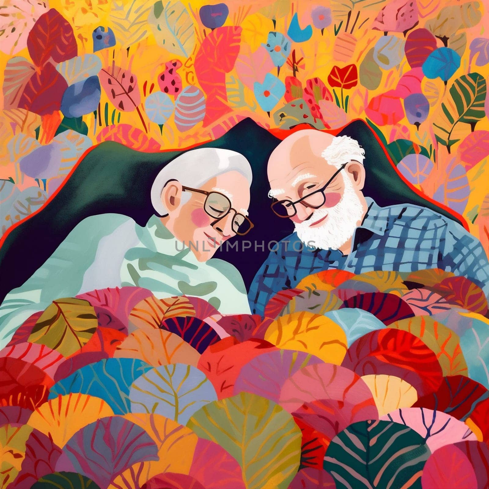 woman man happy together couple love sleep asleep retired old bed cartoon. Generative AI. by Vichizh