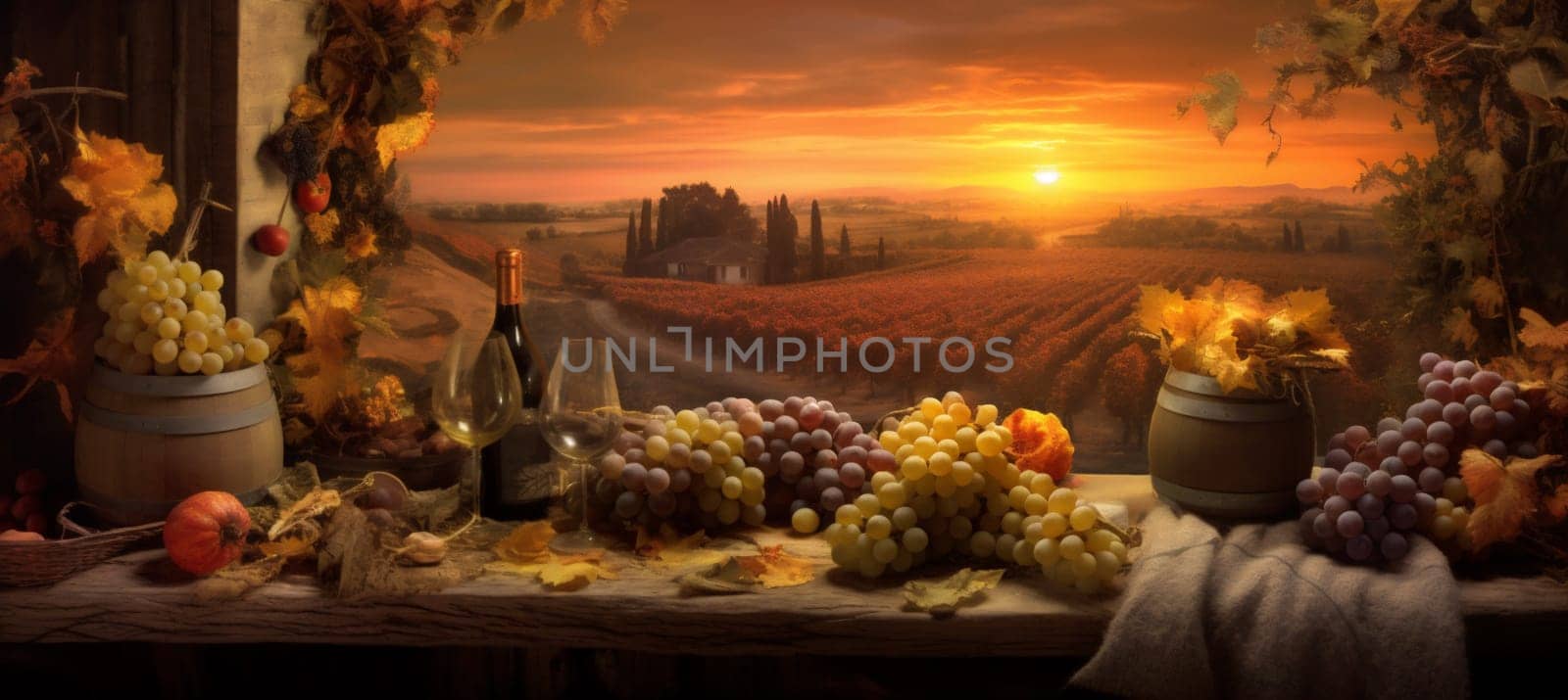 rustic tasty closeup still agriculture outside wine drink nature vintage barrel sunset wineglass alcohol winery bottle beverage grape glass natural. Generative AI.