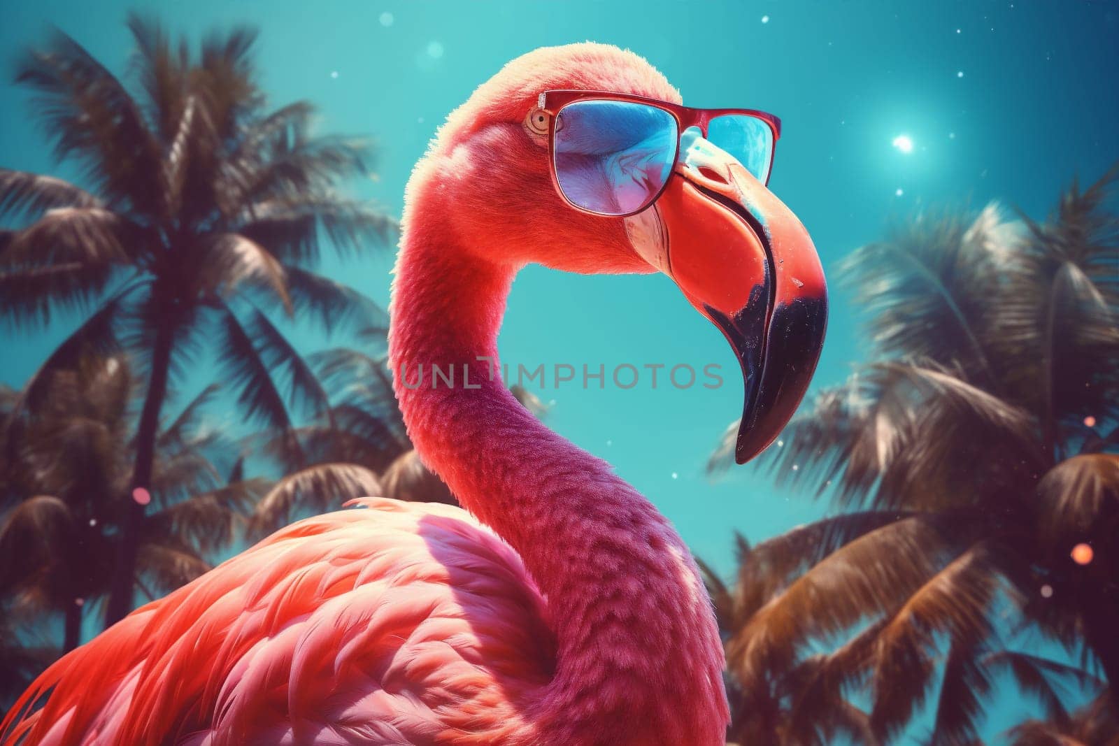 lifestyle fun party flamingo summer tropic pink sunglasses toy nature cool hipster feather tropical trendy wildlife animal bird fashion resort. Generative AI.