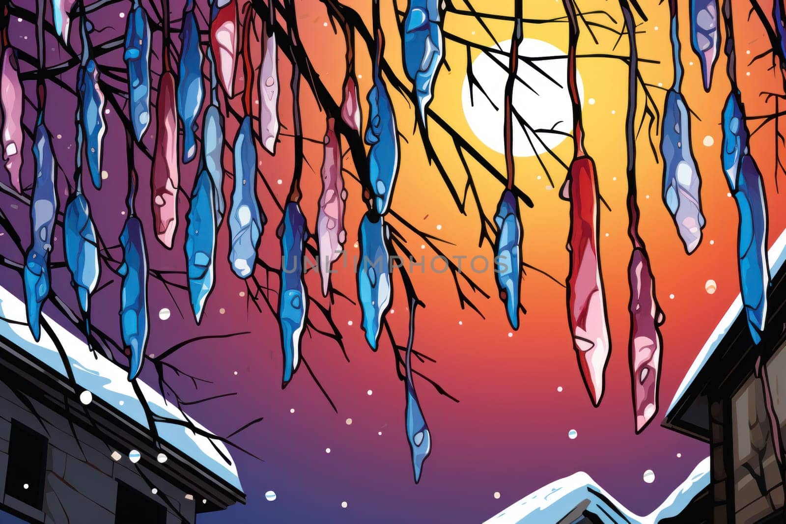 A remarkable portrayal of winter's allure, focusing on the glistening, see-through charm of icicles suspended from rooftops and tree limbs, showcasing their sparkling and crystalline elegance.
