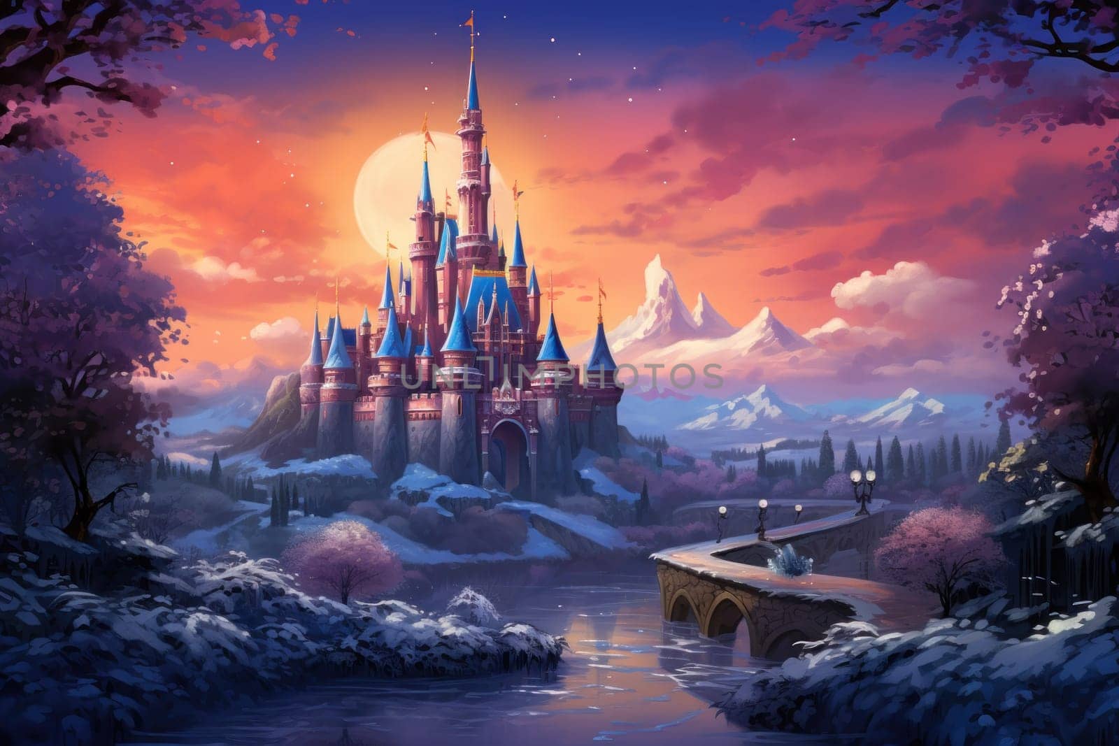 A captivating artistic portrayal of the enchanting winter season, where landscapes are magically transformed into a wonderland adorned with shimmering snow and sparkling icicles.