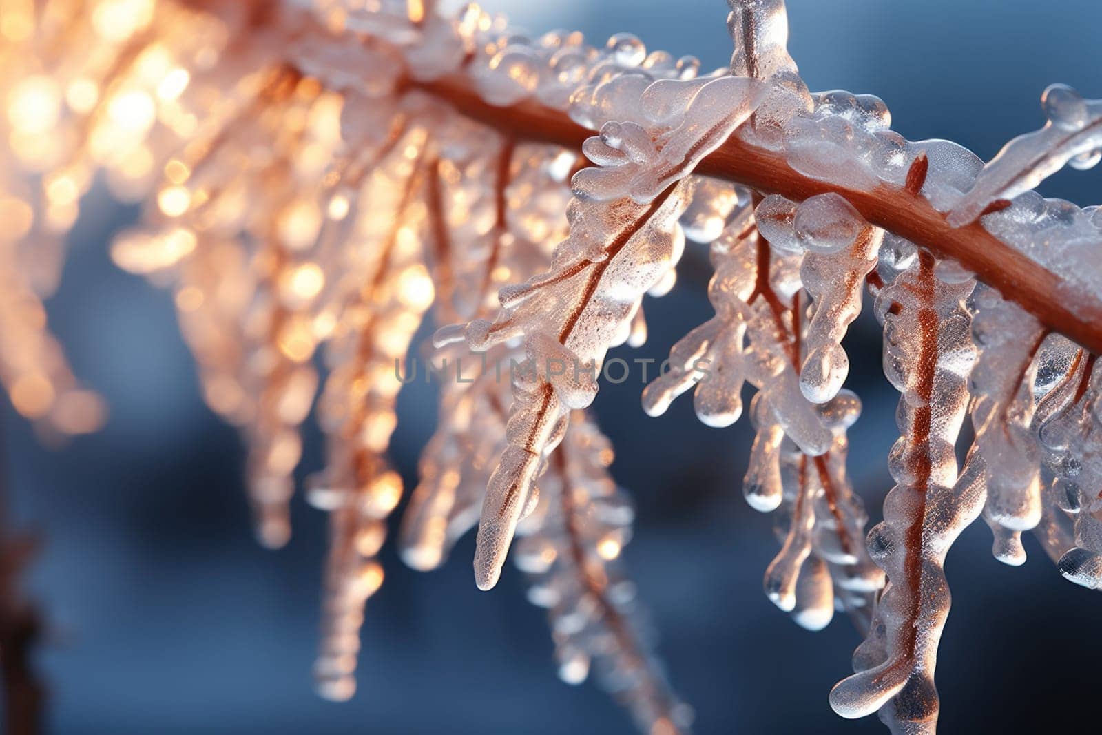A remarkable portrayal of winter's allure, focusing on the glistening, see-through charm of icicles suspended from rooftops and tree limbs, showcasing their sparkling and crystalline elegance.