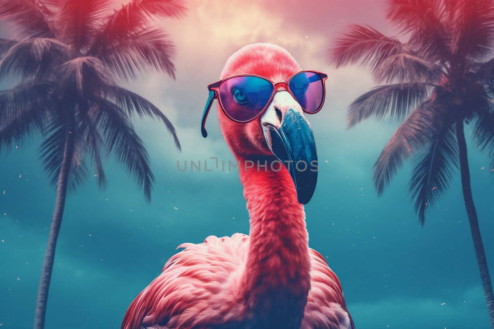 summer party animal feather sunglasses bird hipster pink tropical flamingo. Generative AI. by Vichizh