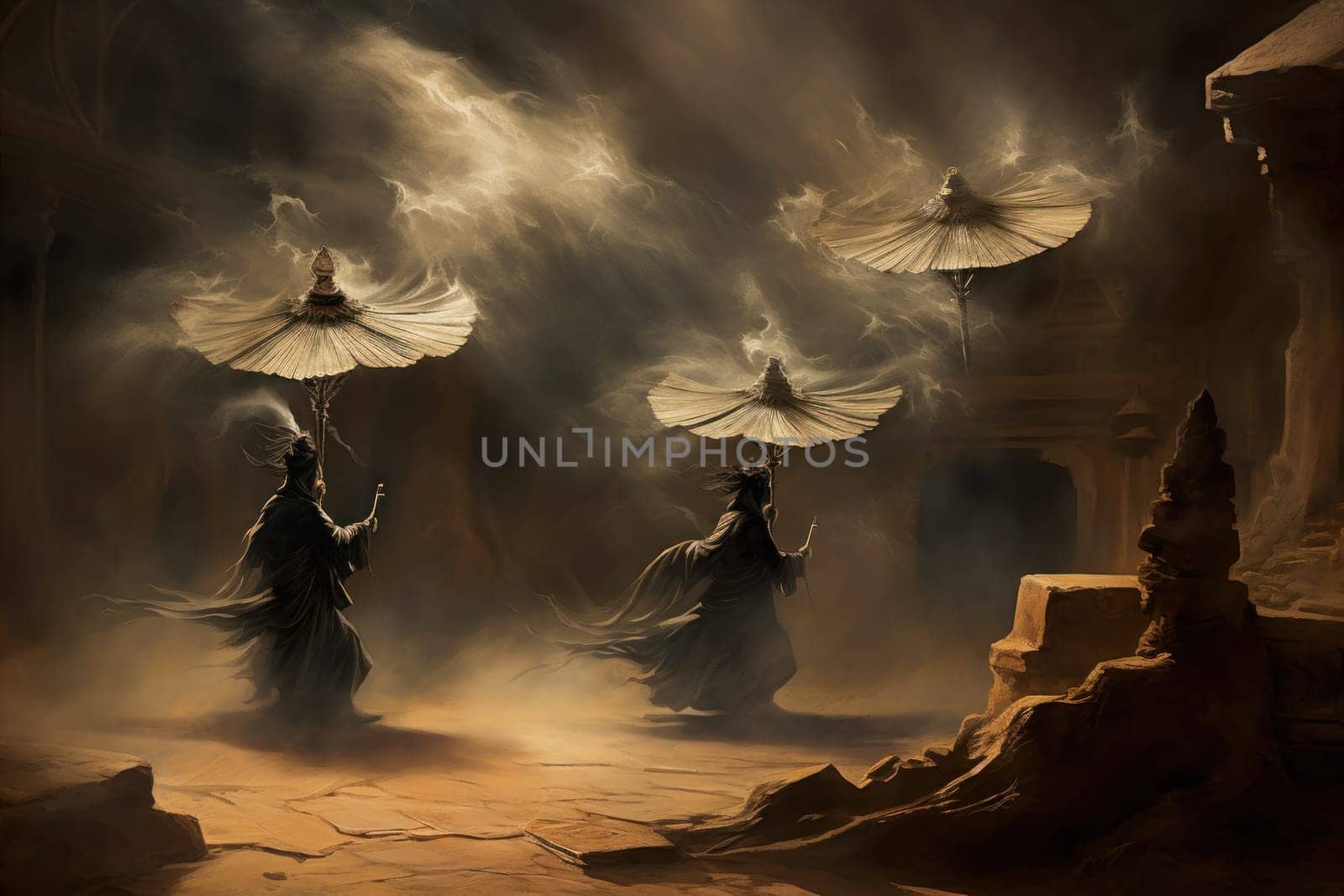 Immerse yourself in the realm of fantasy and behold the awe-inspiring sight of whirling sandstorm djinns.