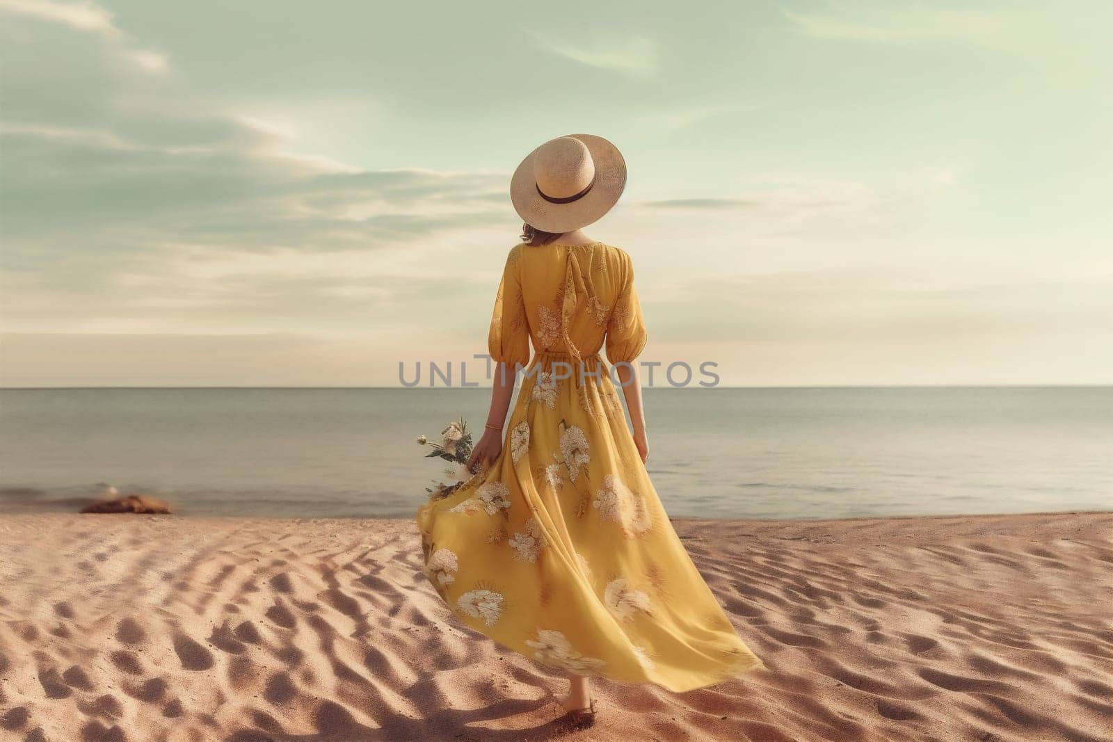 travel woman sunset vogue holiday relax dress beach sea fashion beautiful summer style lifestyle nature person hippie sand paradise attractive trendy. Generative AI.