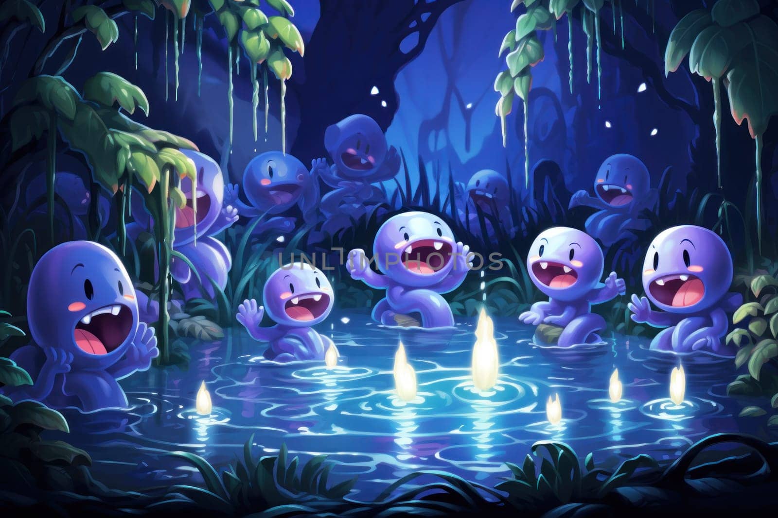 A whimsical portrayal of mischievous laughter sprites, their infectious joy and mirth radiating as they frolic through enchanted meadows.