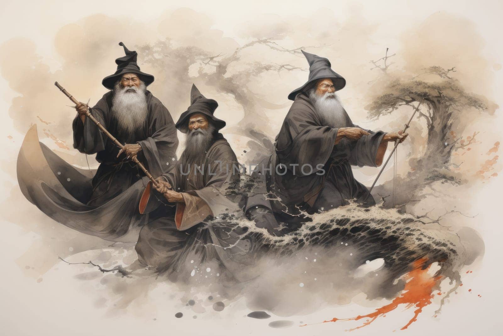A mesmerizing portrayal of venerable and formidable wizards, exuding wisdom as they masterfully cast intricate arcane spells, wielding ancient staffs adorned with mystic runes.