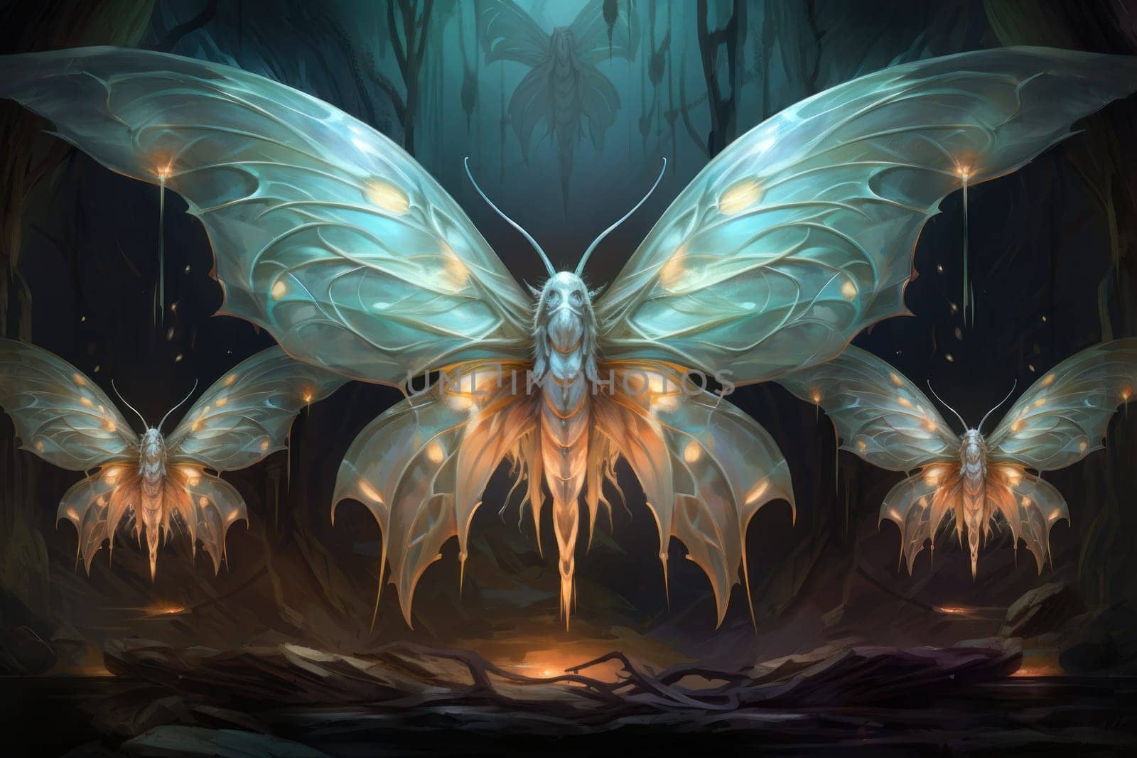A captivating portrayal of celestial moth guardians, their ethereal presence warding off malevolent spirits with a soft, lunar glow.