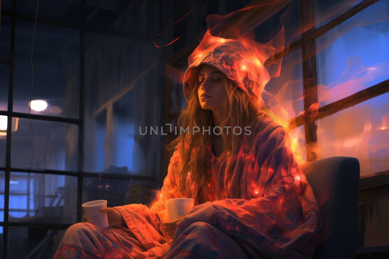 A heartwarming depiction of the winter season's charm, with individuals captured indoors, basking by a crackling fire, indulging in hot cocoa, or cocooned in soft blankets.