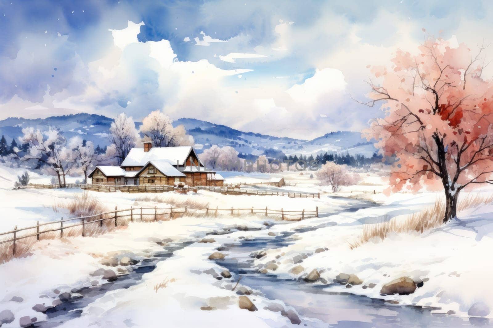An exquisite winter composition, expertly capturing the tranquil allure of recently fallen snow draping over trees, landscapes, and architectural structures.
