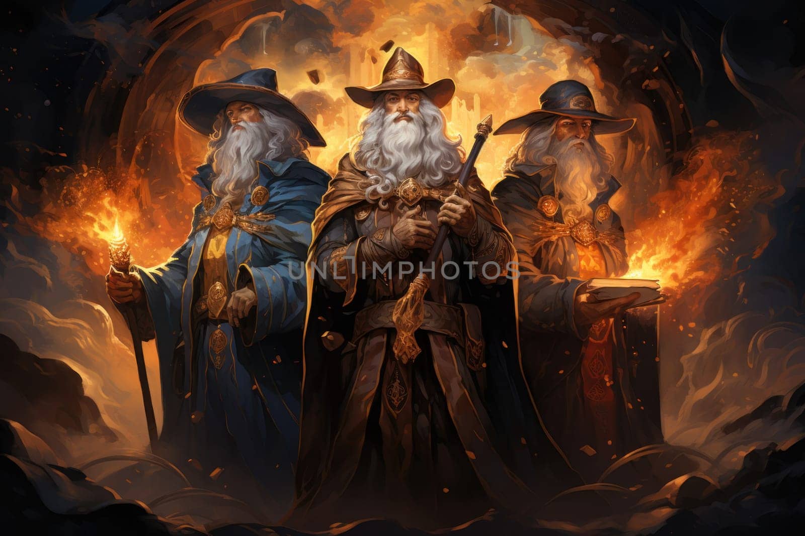 A mesmerizing portrayal of venerable and formidable wizards, exuding wisdom as they masterfully cast intricate arcane spells, wielding ancient staffs adorned with mystic runes.