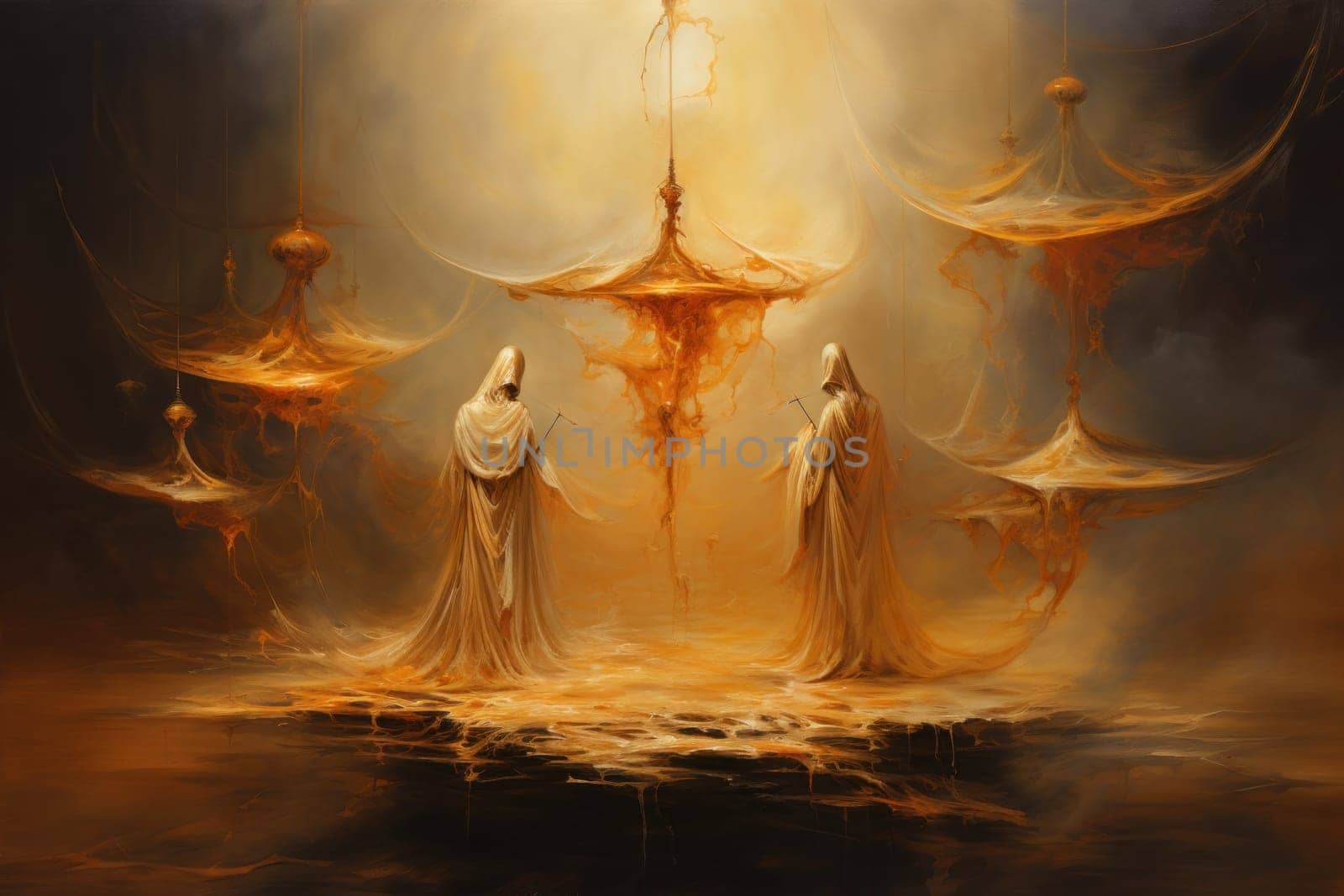 Whirling sandstorm djinns, granting three wishes to those who find their lamp - Generative AI by Sidewaypics