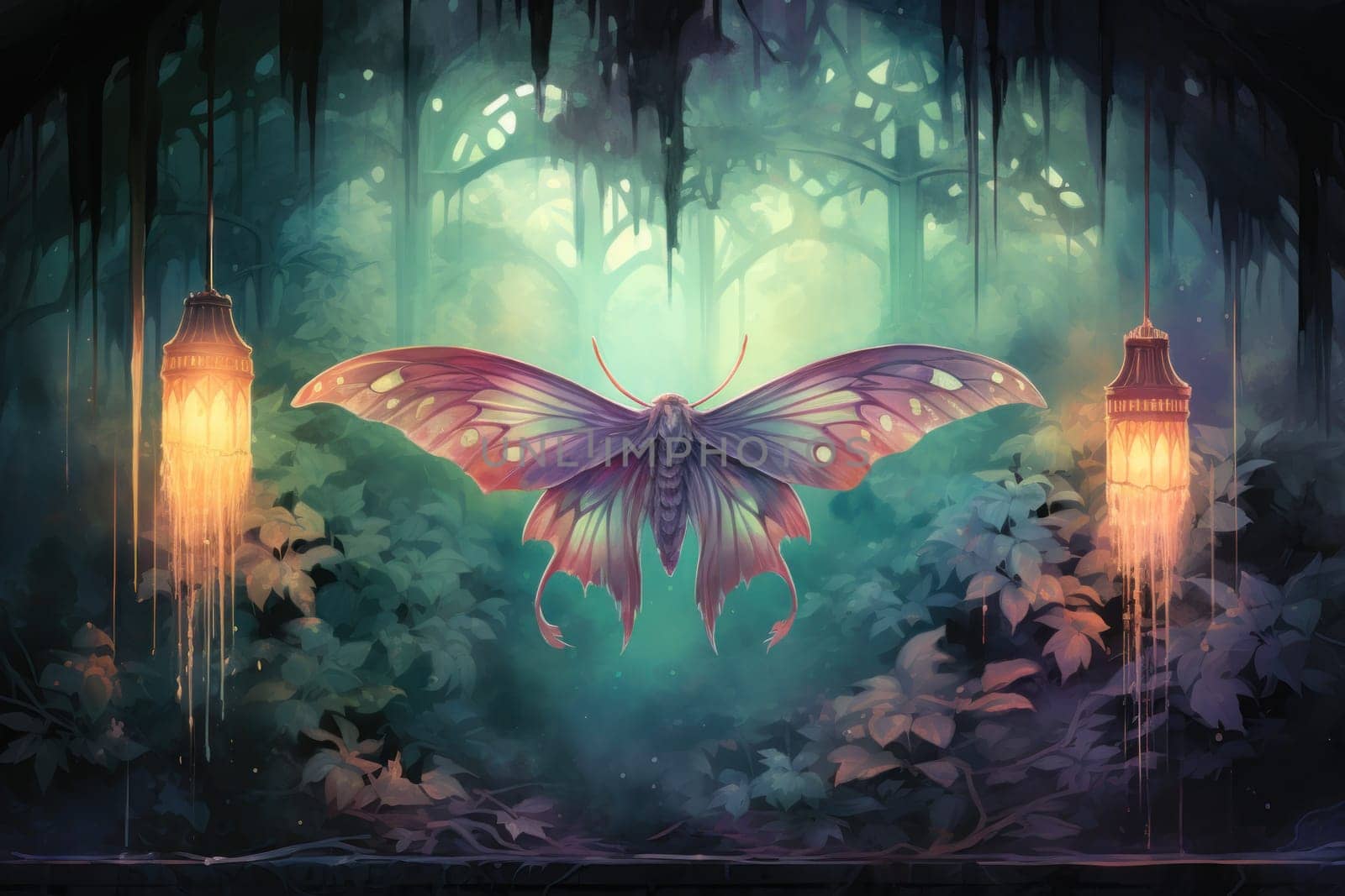 A captivating portrayal of celestial moth guardians, their ethereal presence warding off malevolent spirits with a soft, lunar glow.