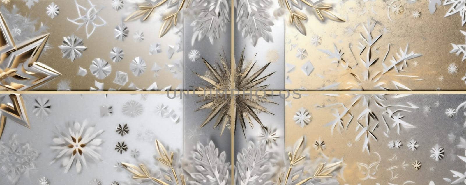 abstract white snow winter holiday greeting decoration background gold snowflake christmas. Generative AI. by Vichizh