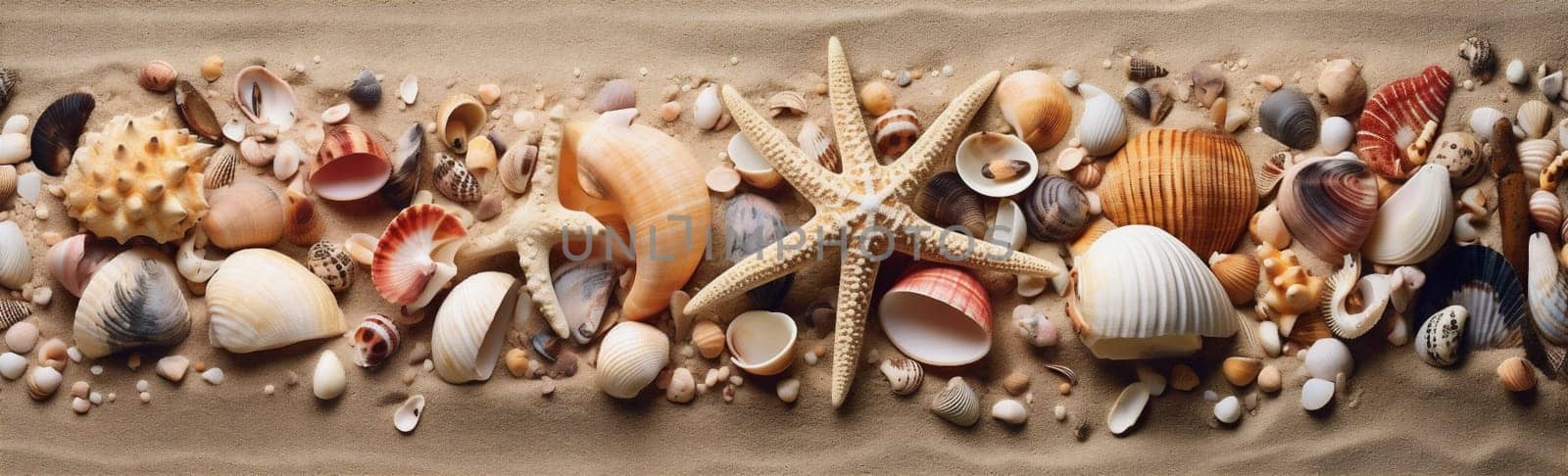 sea banner holiday sand summer beach nature ocean tropical shell. Generative AI. by Vichizh