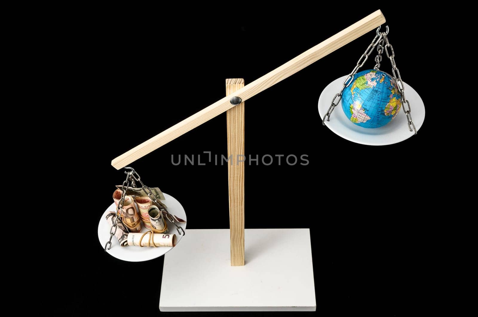 Globe Planet Earth and Money on a Two Pan Balance