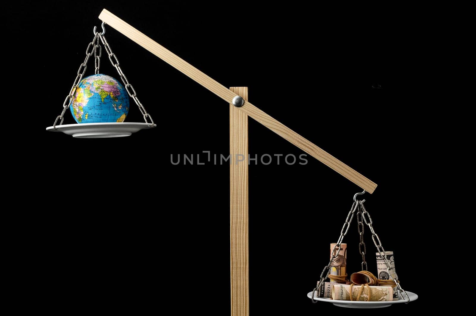 Globe Planet Earth and Money on a Two Pan Balance