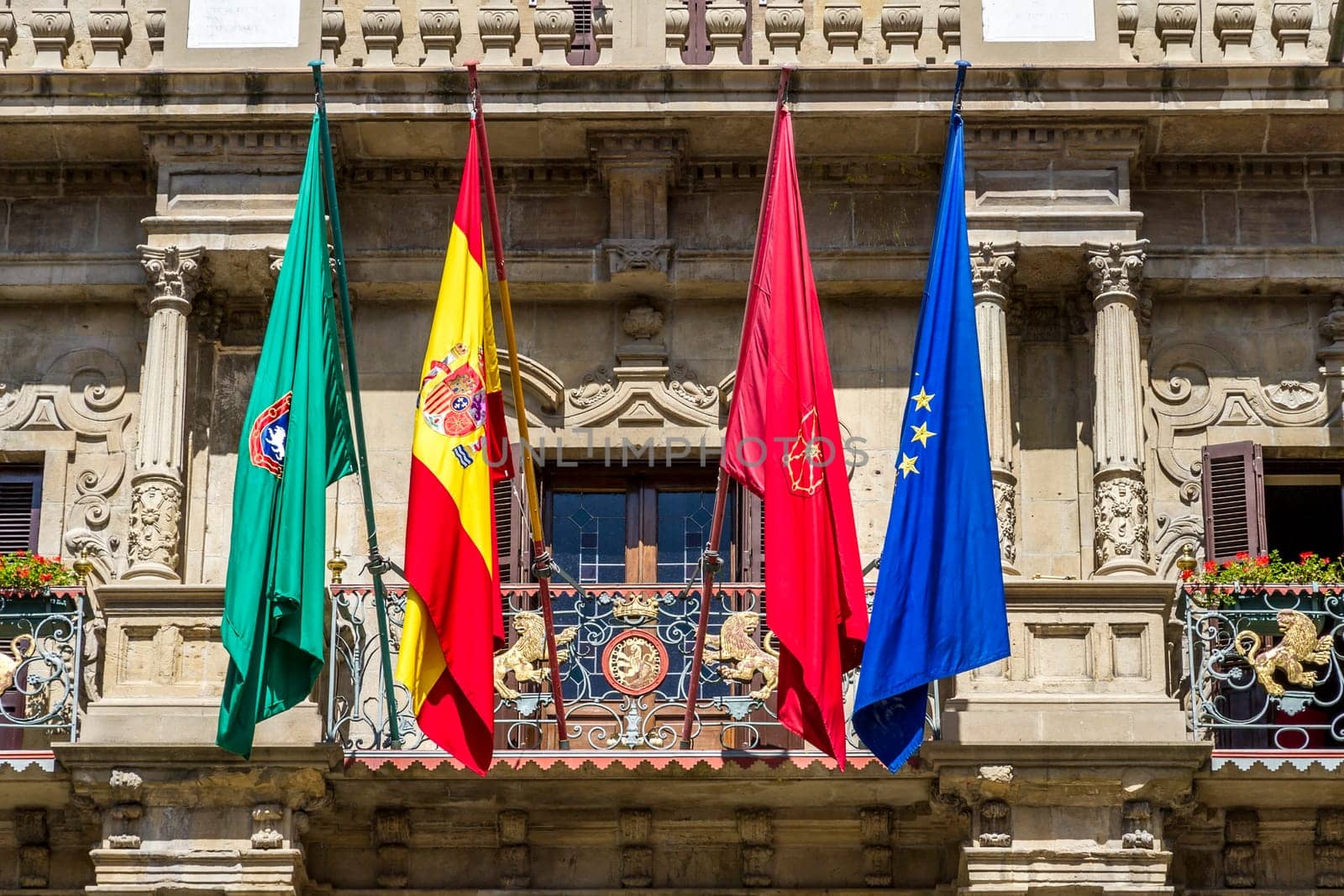 detail of city flags European nation and region community council pamplona, Navarra, SPAIN.