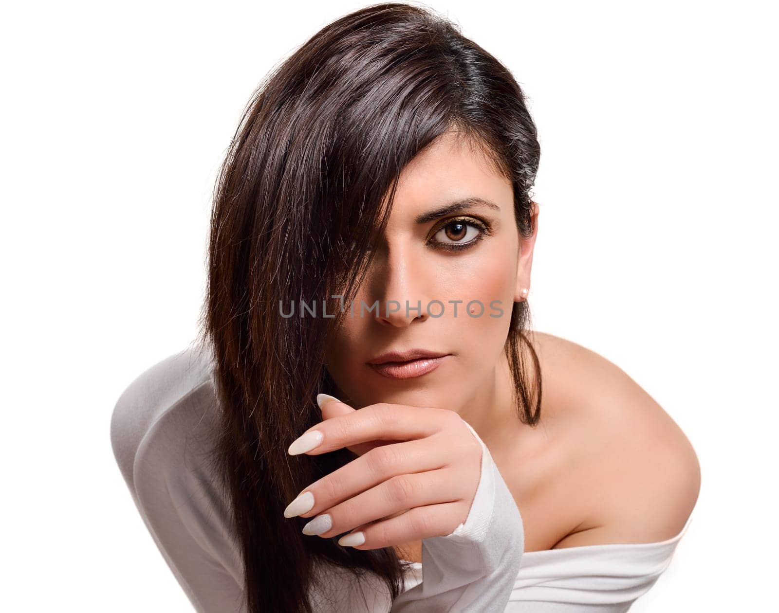 Portrait of a beautiful caucasian woman on a white background