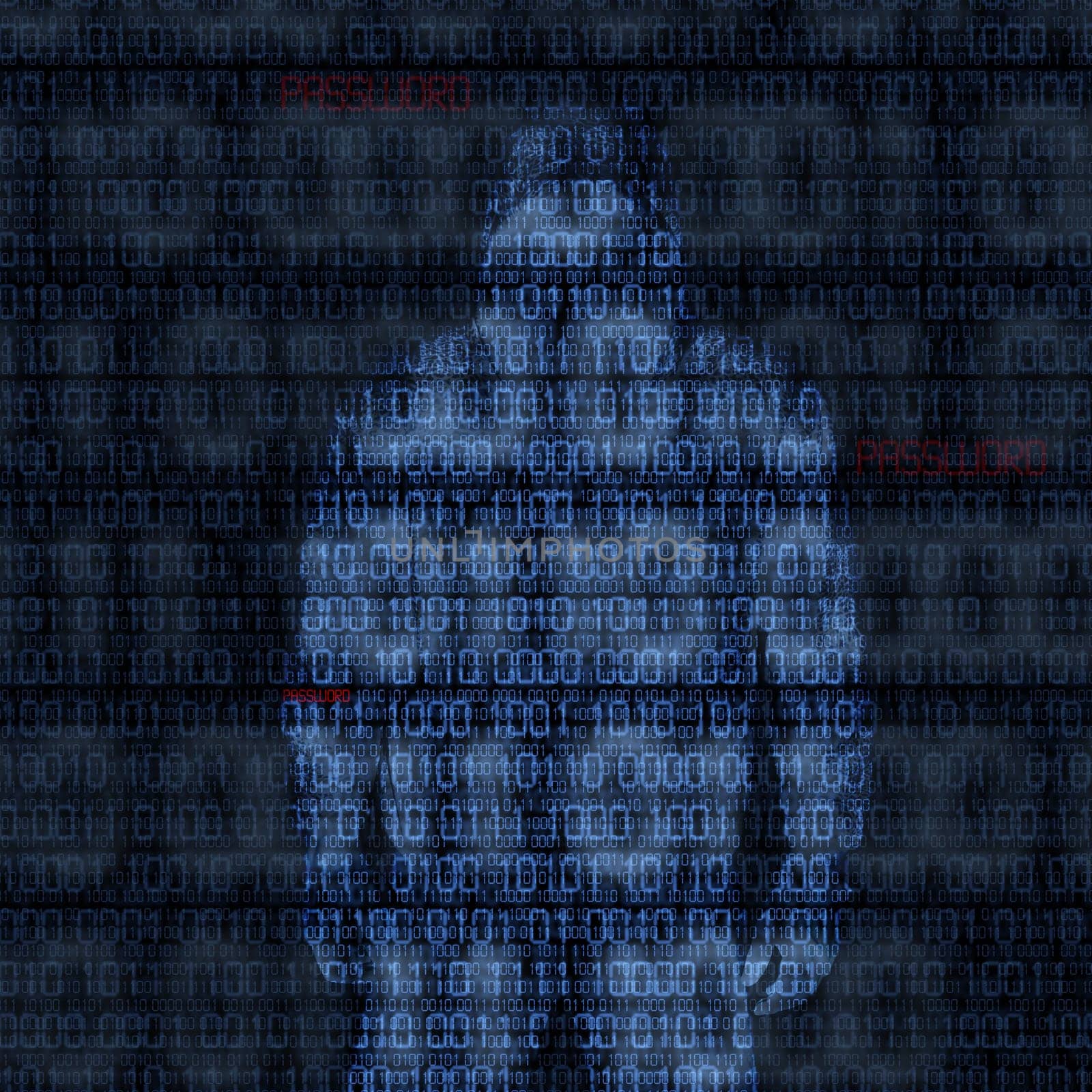 Binary codes with hacked password on black background