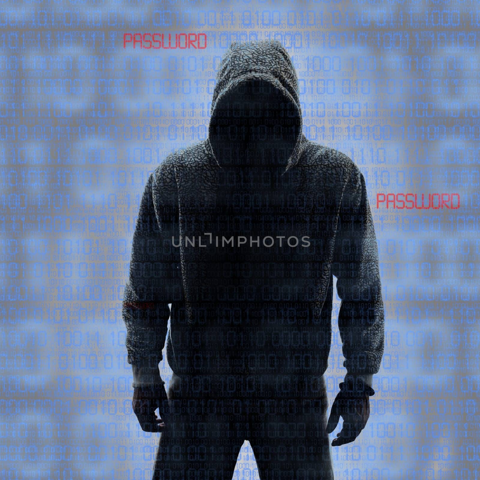 Binary codes with hacked password on black background