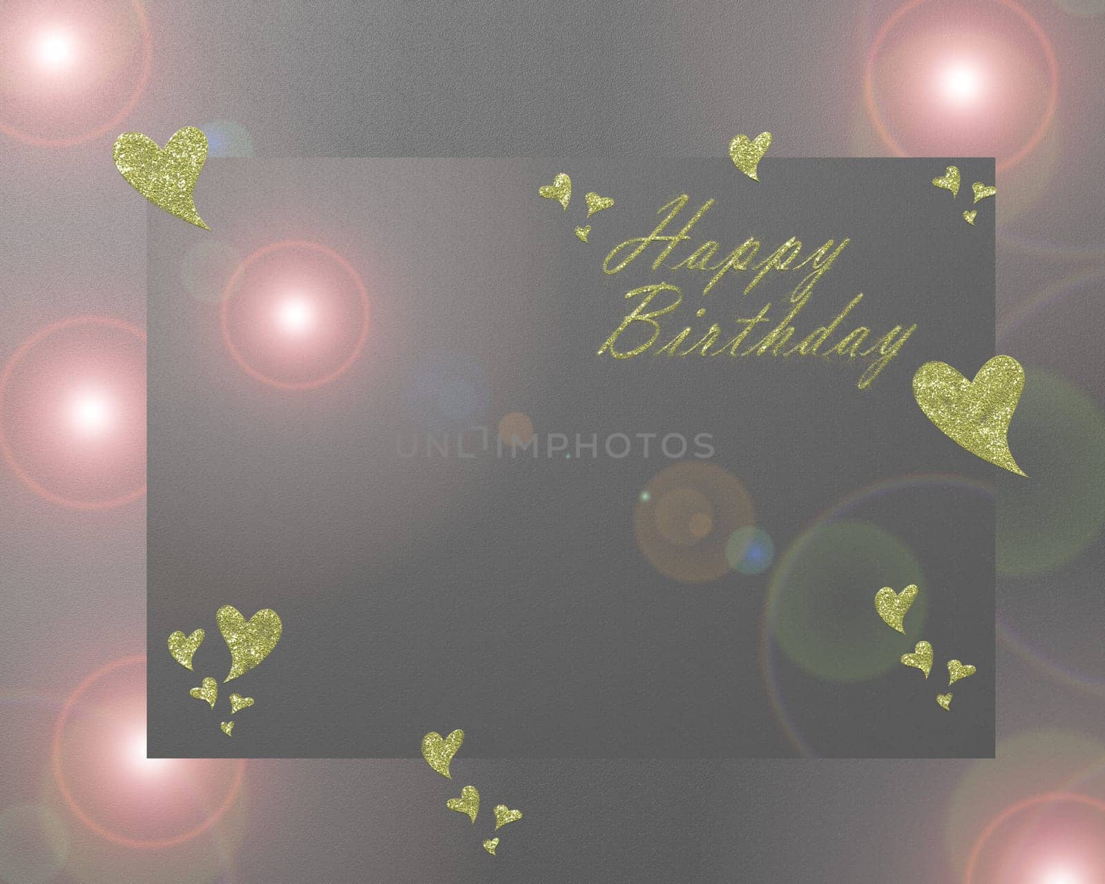 happy birthday in gold letters and gold hearts