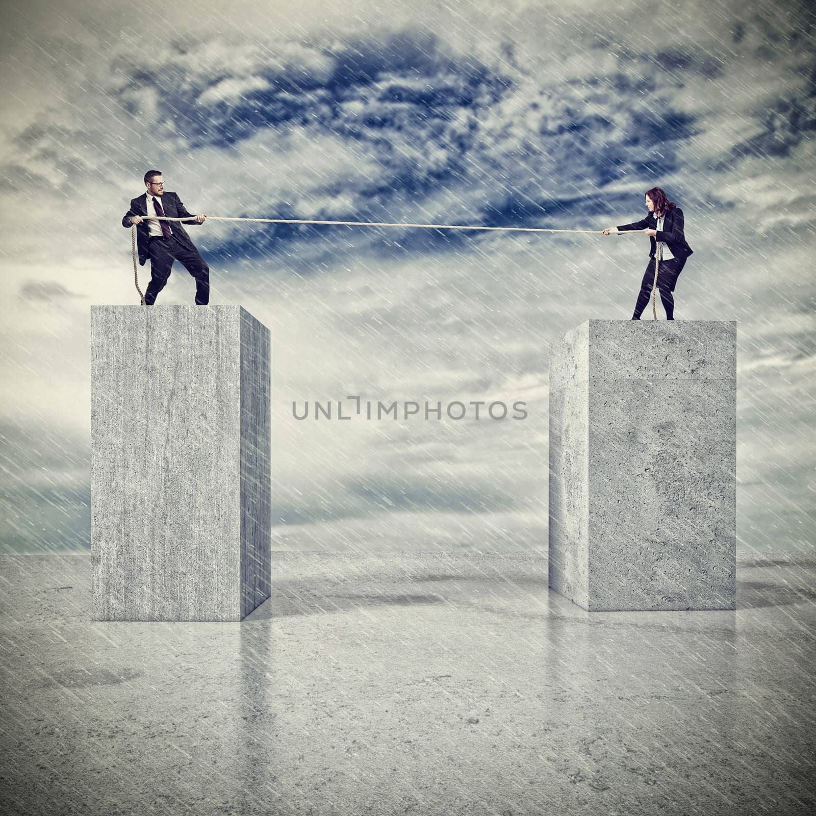 woman and man pull rope on abstract 3d background