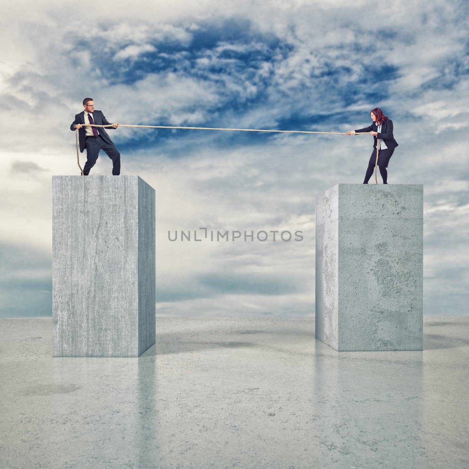 woman and man pull rope on abstract 3d background