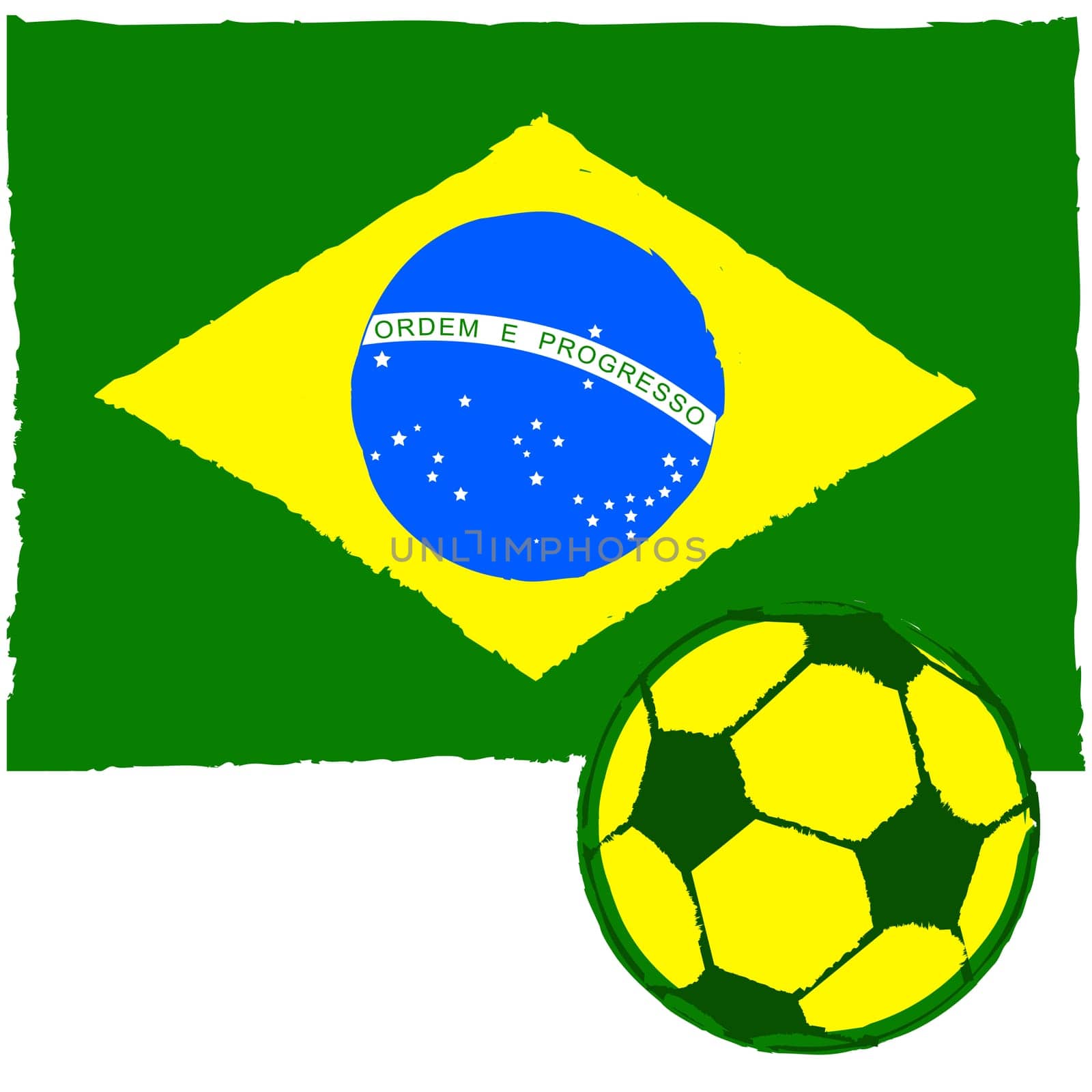 Concept illustration showing a painted Brazilian flag and a soccer ball in front of it