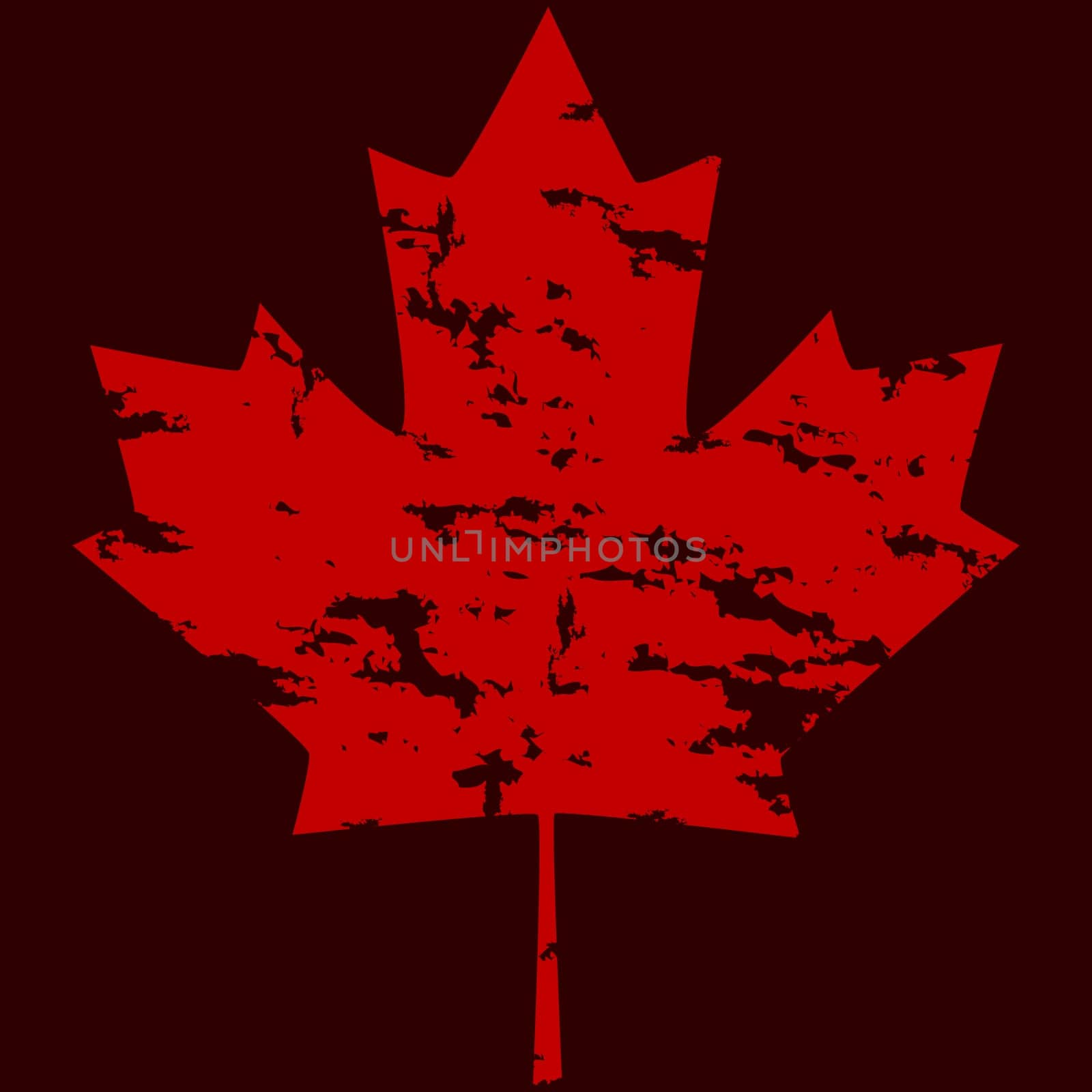 Grunge version of a Canadian maple leaf, over a dark red background