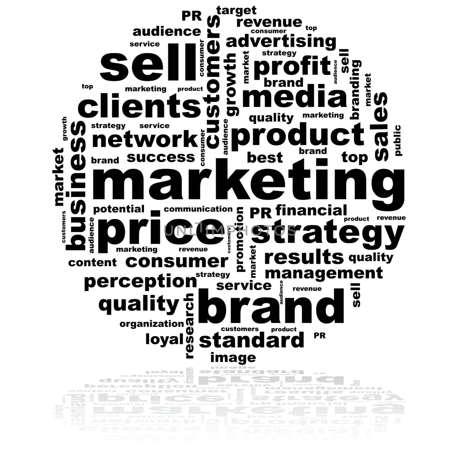 Concept illustration showing a round word cloud with ideas related to marketing