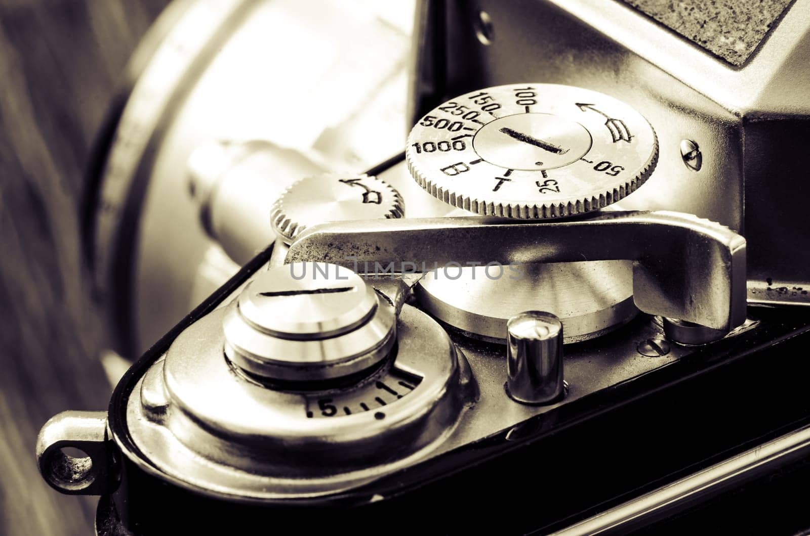 Detail of old classic camera mechanical dials in vintage style