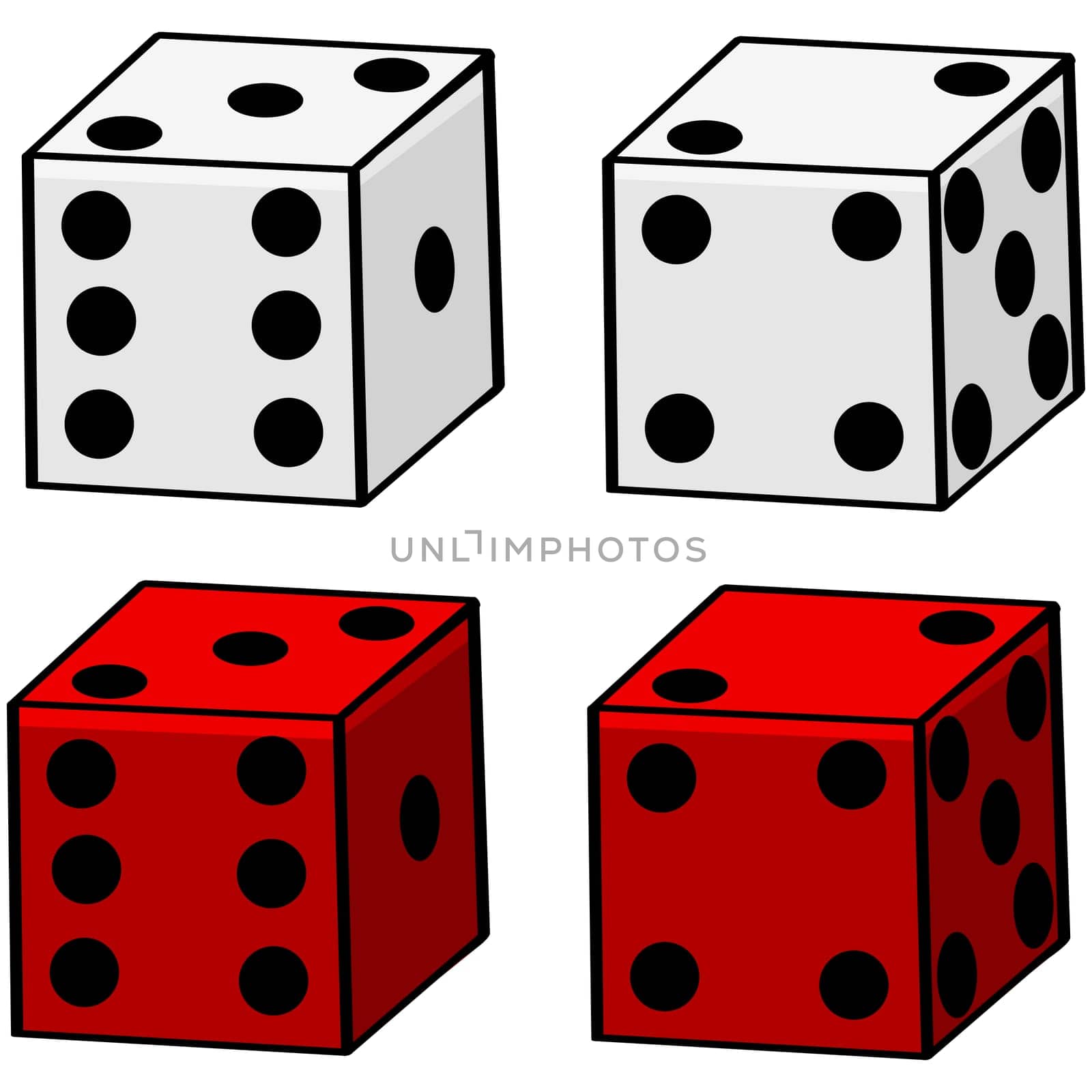 Cartoon illustration of a couple of white dice and also a couple of red ones